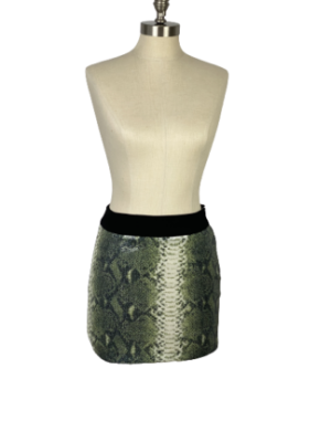 Green and Cream Snake Print Sequin Stretch Mini Skirt