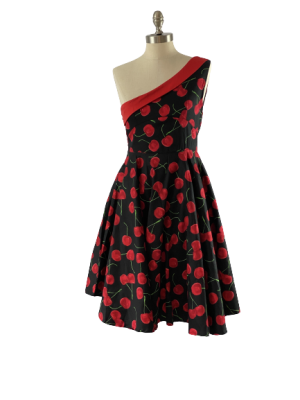 Black with Cherry Print Asymmetric Shoulder Rockability Style Dress