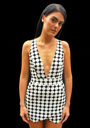Moern Black and Cream Geometric Print Romper