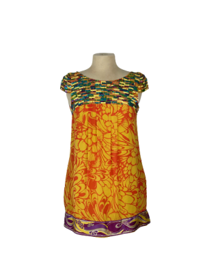 Marciano Orange and Yellow Floral Print Dress and Sequined Yoke