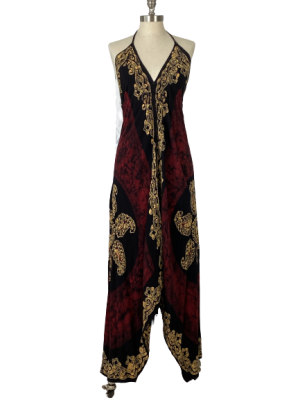 Dark Red and Black Batik Print Halter Hadkerchief Dress