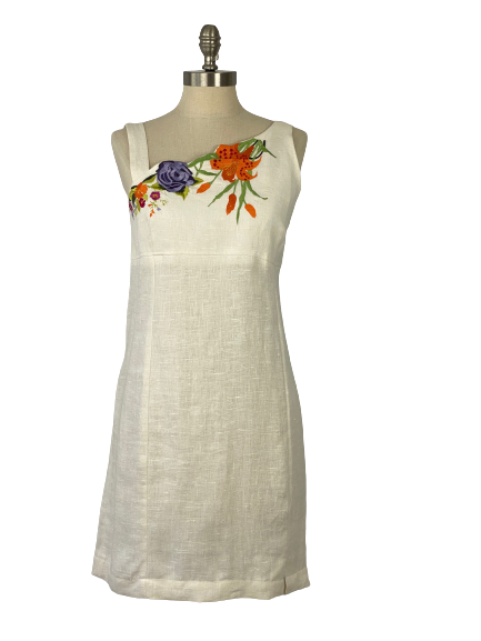 Harvé Bernard Linen Dress with Floral Embroidery