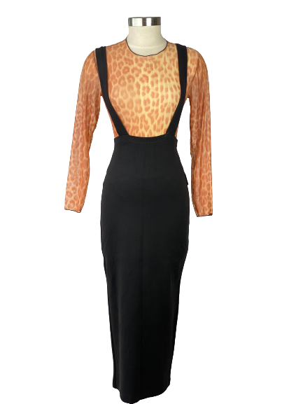 Yes clothing black stretch midi skirt with suspenders