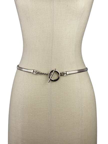 Silver Metal Stretch Skinny Belt with Circle and Bar Buckle 