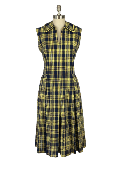 Saks Fifth Avenue Vintage Navy & Yellow Plaid Dress