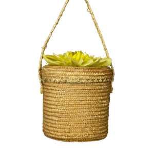 A woven hanging basket with yellow flowers inside.