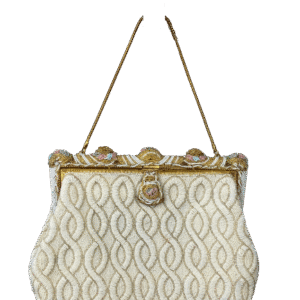 Elegant vintage cream handbag with gold chain and clasp.