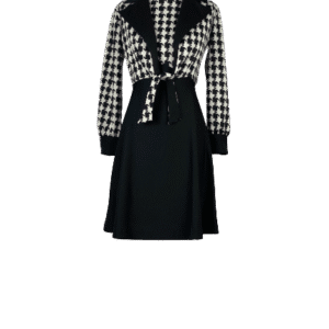 Black and white checkered top with black skirt outfit.