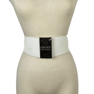 White wide fashion belt with a black buckle on a dress form.