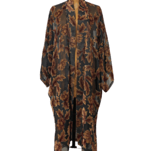 A long, loose-fitting garment with a dark, leafy pattern.