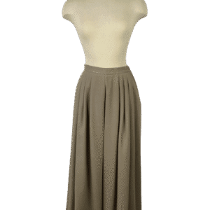 Long beige pleated skirt displayed on a mannequin.