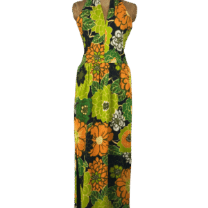 A sleeveless maxi dress with a vibrant floral pattern in green, orange, and yellow hues.