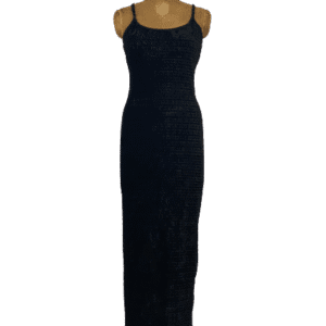 Elegant black sleeveless evening gown with thin straps.