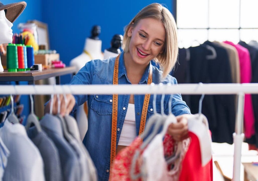 Woman organizing clothes on a rack.